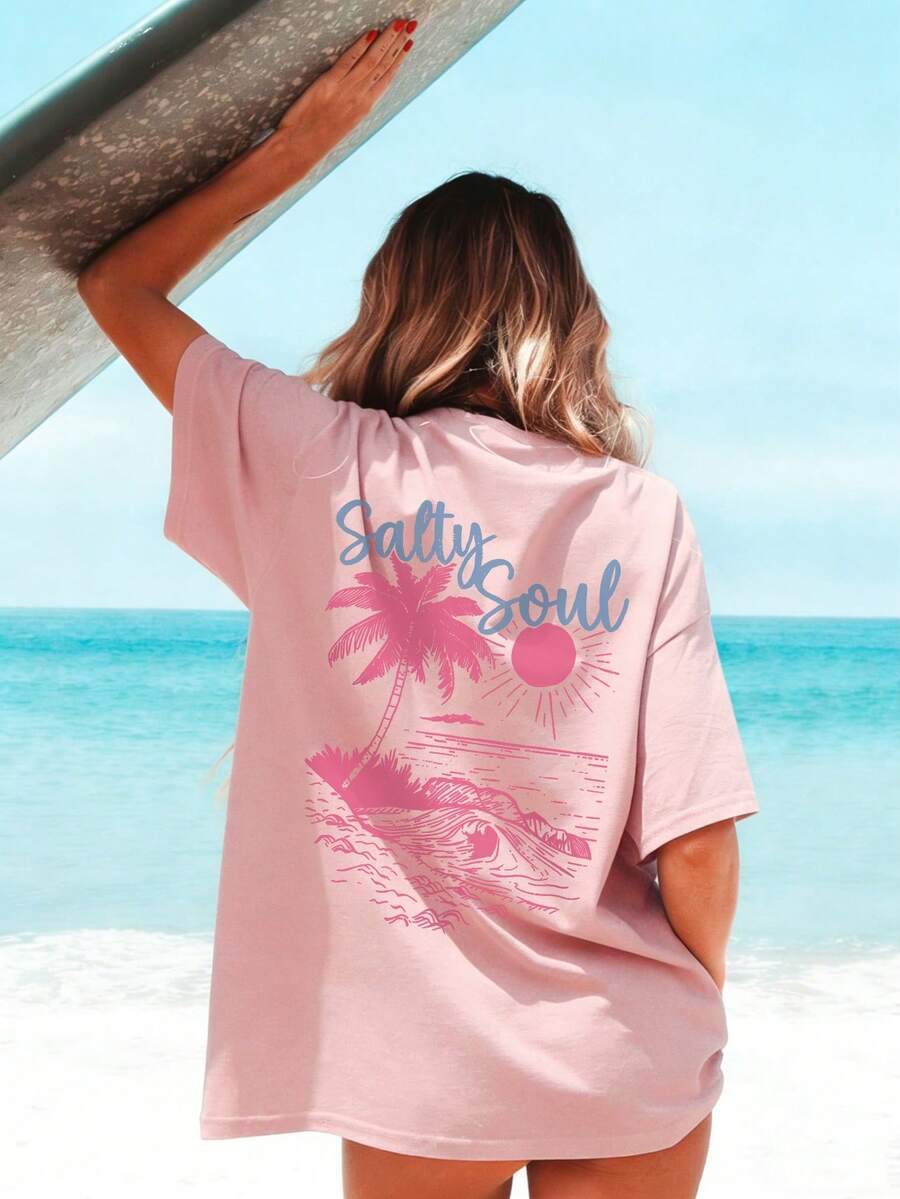 Camiseta de manga corta con cuello redondo, estampado de árbol y sol, para vacaciones de primavera/verano de SALTY SOUL. Prenda esencial y de moda para tus vacaciones diarias.