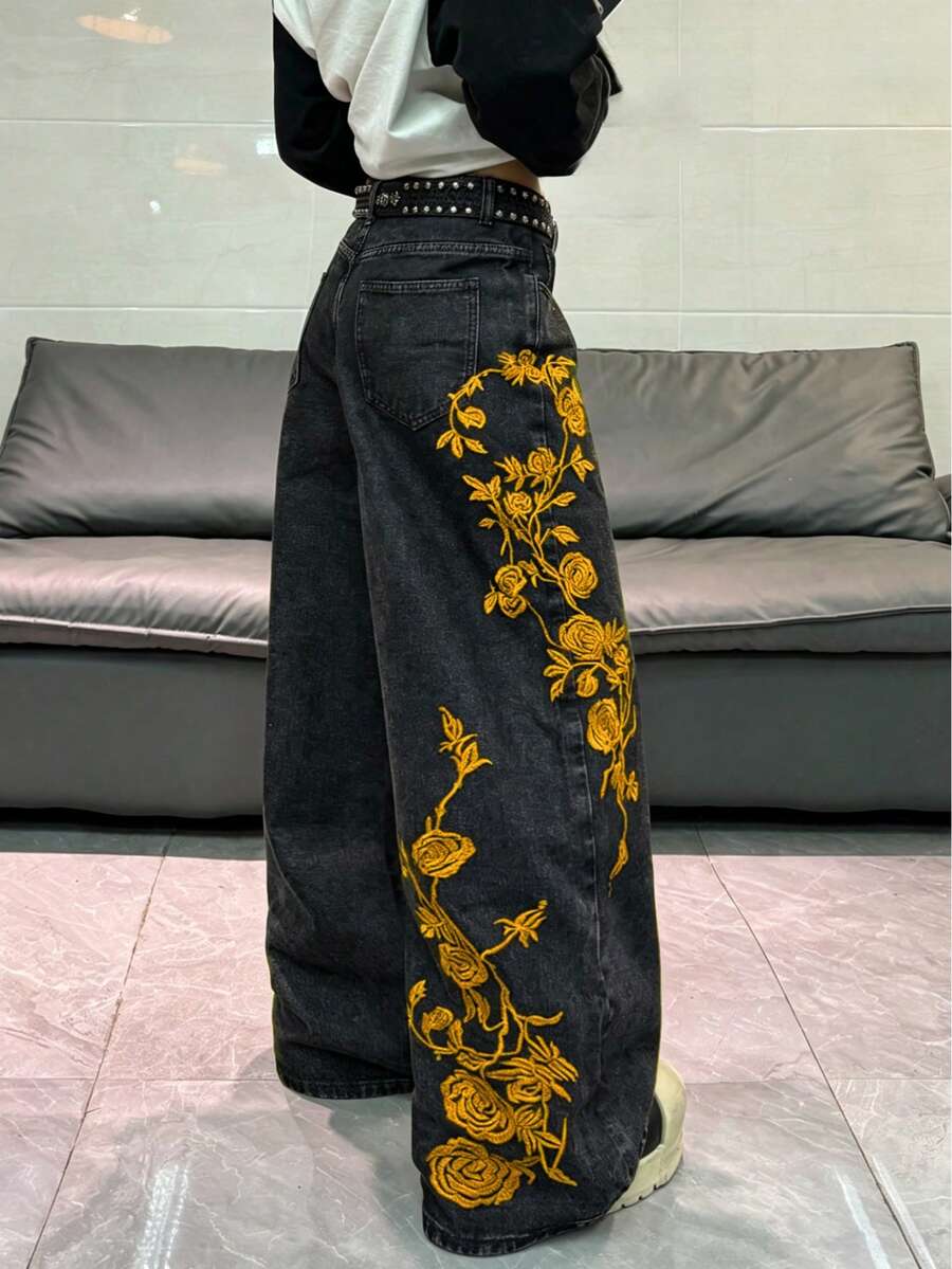1件韩版刺绣黑色宽松阔腿牛仔裤，舒适休闲百搭牛仔裤，适合所有季节（不含腰带/配饰）