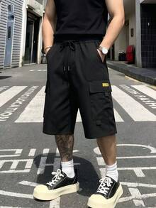 Men's Summer Cargo Pocket Drawstring Waist Casual Sporty Capri Pants - Black - View 4