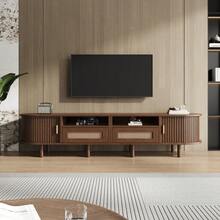 Oval TV Stand 170 X 40 X 40 Cm, TV Table, TV Cabinet With 2 Rattan Design Drawers, 2 Sliding Doors, Low Table And TV Table For TVs Up To 70 Inches, TV Board And TV Chest, Walnut. - Brown - View 3
