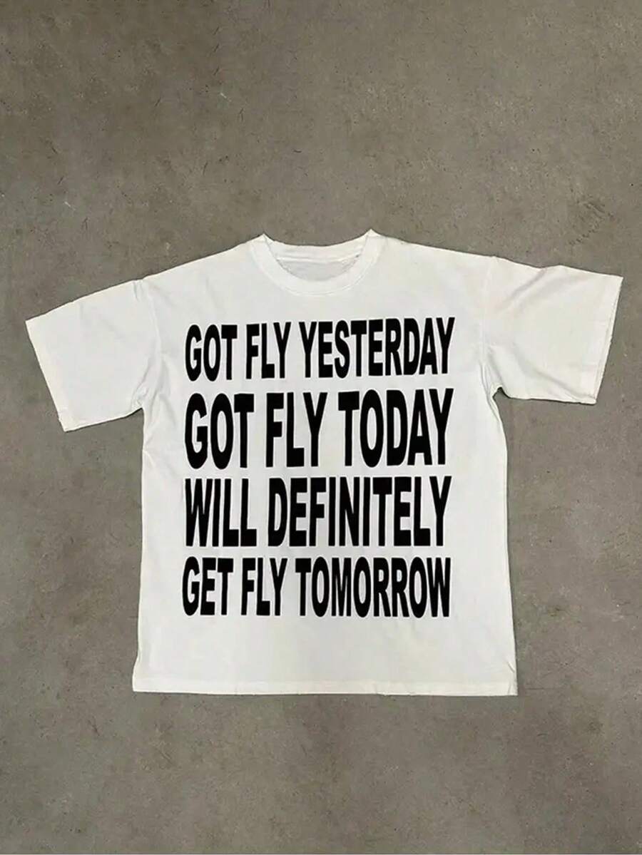 VHUTHK (230G T-Shirt) Men'S Summer Round Neck Short Sleeve Casual Print GOT FLY YESTERDAY GOT FLY TODAY WILL SURELY GET FLY TOMORROW - 白色 - 查看 1