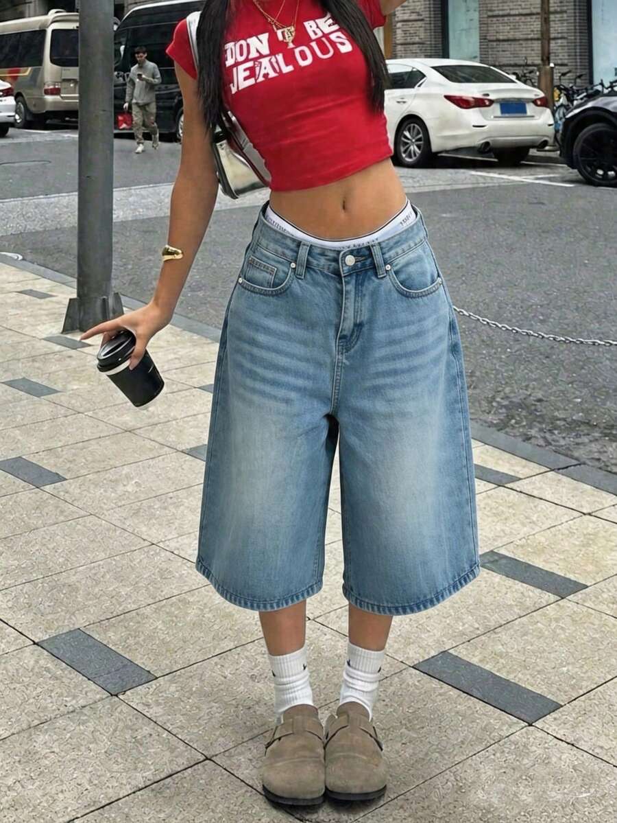 Vintage Black Oversized Wide Leg Denim Capri Pants, Streetwear Style For Teenage Girls - Light Wash - View 1