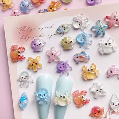 50pcs/100pcs Ocean Style Sparkling Star, Conch, Crab, Seahorse, Shell, Octopus Design Nail Art Decoration, DIY, Colorful Ocean Element Style Nail Art Charm, Nails Products, Various Shapes And Styles Mixed