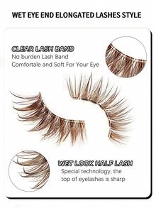 Asiteo 7 Pairs Transparent Stem Natural Fluffy Half Wet Brown False Eyelashes, Soft & Natural Looking Fake Lashes, Create Cat Eye Makeup Effect, Comfortable Wear, Suitable For Daily Makeup, Create Natural Beautiful Lash Extension Makeup - 棕色 - 查看 4