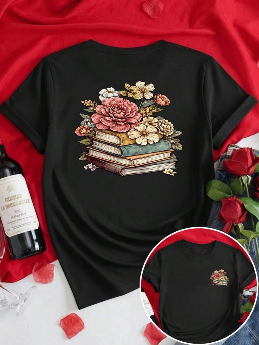 Den senaste modellen från 2026: Kortärmad T-shirt med bokhylla och blommigt tryck – Modern dam-T-shirt för vår/sommar, tryckt T-shirt, trendig sommaroutfit, sommarkläder, toppar. - Svart - Visa 1
