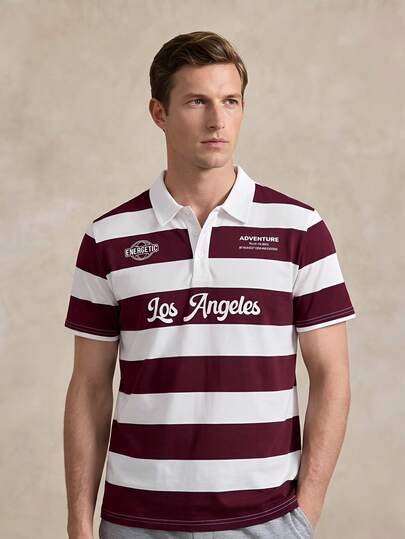 Courvante Men's Casual Daily Commute Vacation Style Letter Colorblock Striped Print Short Sleeve Polo Shirt, Summer