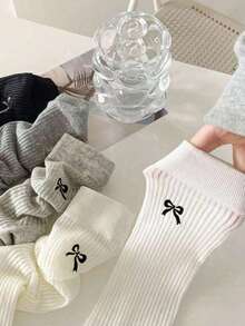 5双装 女士可爱蝴蝶结中筒袜 卡通动漫时尚舒适长袜 黑白灰三色袜 - 彩色 - 查看 7