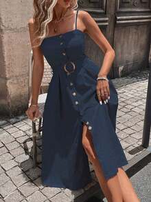 Vestido largo de tirantes para mujer, de color marrón oscuro, con cuello cuadrado y botones frontales.Incluye un cinturón ajustable con hebilla metálica, silueta favorecedora en A.Ideal para uso diario, trabajo y salidas de verano. - Azul marino - Ver 6