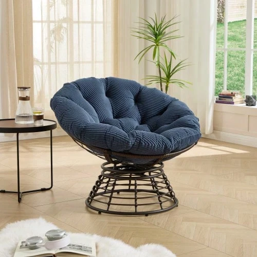 Cómodo sillón Papasan ergonómico de ratán, giratorio 360°, para uso interior y exterior, con cojín suave y grueso, ideal para salones, dormitorios y rincones de lectura, estructura marrón con cojín. - Azul Marino - Ver 1