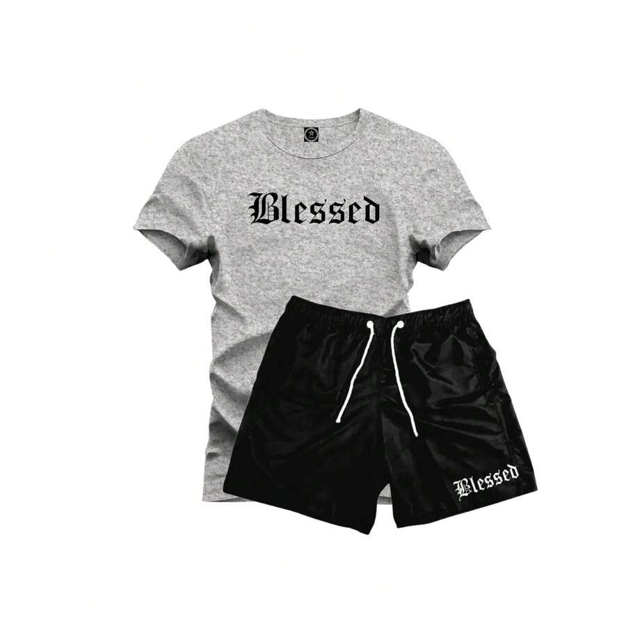 Set: 100% Cotton T-Shirt + Black Tactel Shorts - 灰色 - 查看 1