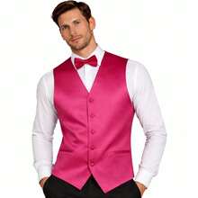 Sizes XS To 6XL Men's 3-Piece Tuxedo Vest Set – Satin Waistcoat With Bow Tie And Pocket Square For Wedding, Prom, Formal Events - Fuchsia - View 1