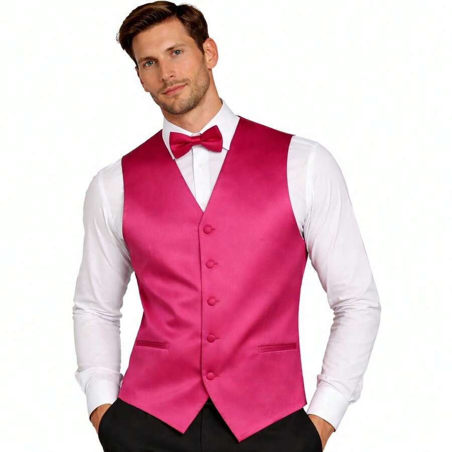 Sizes XS To 6XL Men's 3-Piece Tuxedo Vest Set – Satin Waistcoat With Bow Tie And Pocket Square For Wedding, Prom, Formal Events - Fuchsia - View 1