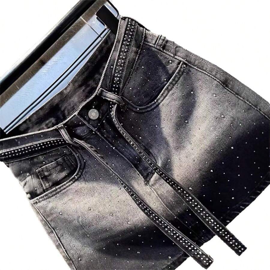 Retro Gradient Denim Half-Length Skirt For Women In Summer, High Waist, Slimming And -Shaped, A-Line Short Skirt, - 灰色 - 查看 1