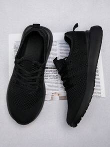Men's Breathable Lightweight Running Sports Shoes, Solid Color Soft Sole Casual Shoes For Fitness, Travel, All Seasons - Black - View 1