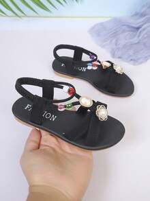 1 par de accesorios de perlas falsas, metal tallado y cuentas de vidrio coloridas que crean una atmósfera lujosa, adecuados para escenas casuales, sandalias planas para niños - Negro - Ver 1