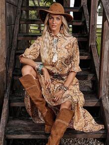 Vestido con mangas medias de estilo bohemio con estampado para mujeres, vestido largo holgado con volantes de estilo bohemio, vestido largo de mujer con estampado todo sobre, uso casual diario, primavera/otoño - Multicolor 4 - Ver 6
