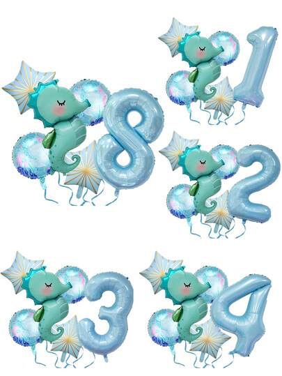 8pcs/Set Pearlescent Blue Ocean Animal & Number Balloon Decoration Set, Seahorse & Star Shaped 0-9 Foil Balloons With Ribbons, Suitable For Birthday Party, Pool Party, Hawaiian, Beach Party Decoration, Room Decor, Photo Props, Club Decoration, Aquarium Balloon Decor, Party Supplies