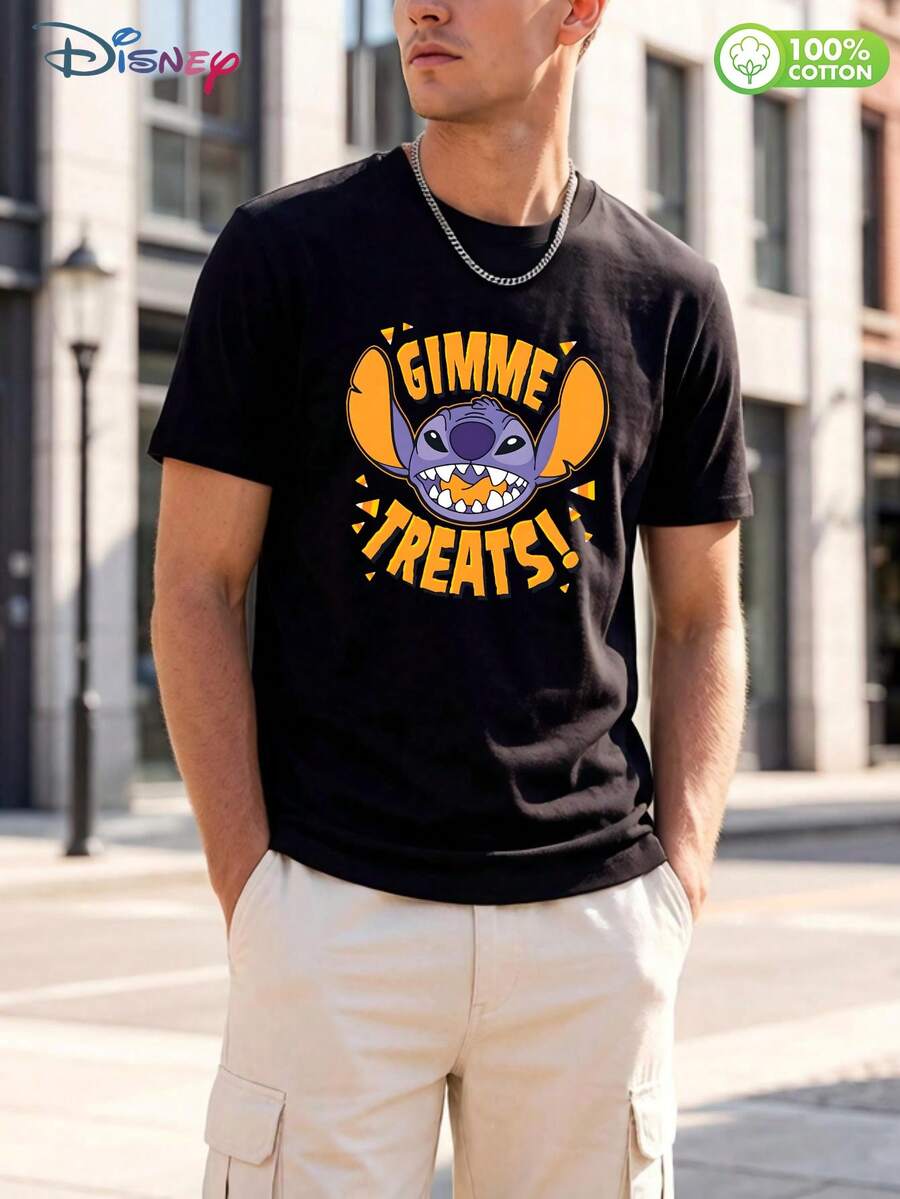 Disney Lilo & Stitch "GIMME TREATS!" Graphic T - Shirt For Men – 100% Cotton Short Sleeve Crew Neck Casual Tee, Retro - Style Design With Stitch (Blue Alien Character) In Spooky Grin, Orange Bold Typography, Halloween - Themed Details, Ideal For Disney Fans, Lilo & Stitch Enthusiasts, Adult Males, Unisex Fit, Soft Breathable Fabric For Daily Wear, Gift For Disney Lovers, Black Crewneck With Vibrant Cartoon Print, Perfect For Halloween Parties, Trick - Or - Treat Events, Fall Festivals, Casual Outings, Theme Park Visits, Comfortable Streetwear For Men & Teens, Retro Disney Character Graphic For Casual & Festive Occasions - màu đen - Xem 1