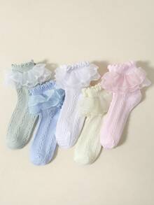 1/5 Pairs Girls' Lightweight Lace Ruffle Mesh Socks, Breathable Lace Trim Socks, Princess Style, Suitable For Daily Wear, Parties, Back To School, Spring/Summer - Multicolor - View 13