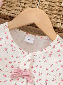 Kids Girl Sweet Summer Set - Pink Bow Decor Floral Print Blouse & Elastic Waist Shorts 2pcs - Hồng - Xem 4