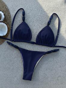 Bộ bikini thanh lịch dành cho nữ với dây đeo mảnh, thiết kế buộc thắt nút tạo vẻ ngoài thời trang và quyến rũ cho kỳ nghỉ hè trên bãi biển. - Màu xanh hải quân - Xem 8