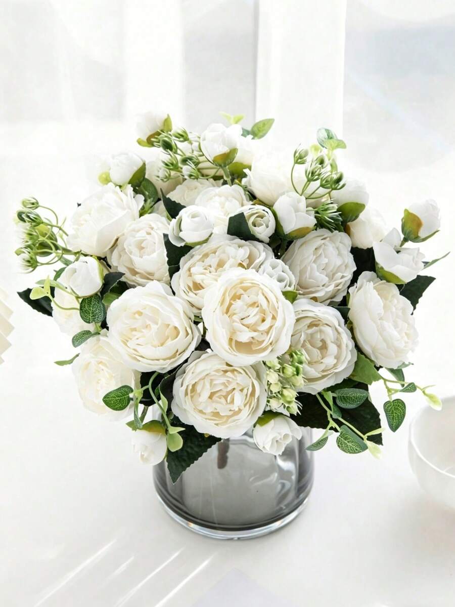 Buchet de trandafiri albi și bujor, hortensie artificială brodată, flori artificiale de trandafiri și bujor, decor pentru casă, buchet de mireasă, Ziua Îndrăgostiților, ziua de naștere, cadou de absolvire, potrivit pentru decorul camerei, nuntă, baie, decor pentru casă, cadouri - Alb Pur - Vizualizare 1