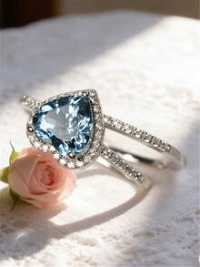 Juego de anillo de compromiso con corte de corazón de CZ para mujeres, diseño de alta gama apilable para novia y boda, joyería de propuesta de matrimonio para mujeres, anillo de compromiso, anillo de compromiso, uso diario - Azul - Ver 4