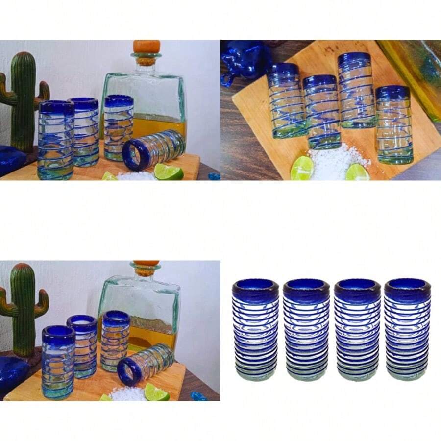 Juego de Caballitos Tequileros de Vidrio Soplado - Set de 4 - Vidrio Reciclado 60 mililitros Espiral Azul - Espiral Azul Azul - Ver 1
