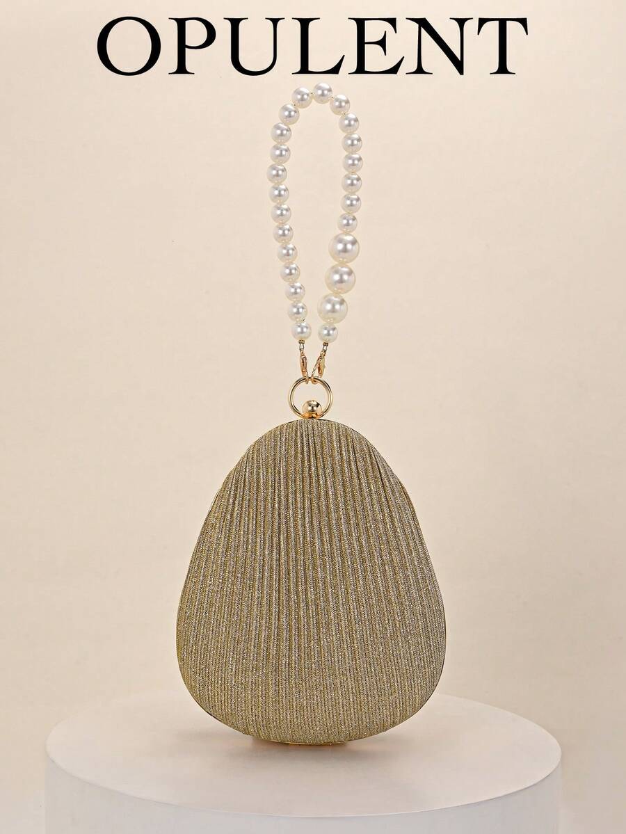 Luxury Gold Pleated Egg-Shaped Clutch - Elegant Pearl Handle Hard Case Evening Bag, Suitable For Wedding Bride - Apricot - View 1