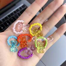 6pcs/Set Cartoon Cute Candy Color Teddy Bear Pendant & Beaded Ring Set, Fashion Girls Jewelry Rings - Multicolor - View 3