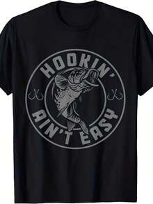 Men's Vintage "Hookin' Ain't Easy Fishing" T-Shirt, Plus Sizes, Tall, Black With White Fish Graphic, Slim Fit, Short Sleeve, Crew Neck, Casual Wear For All Seasons, Perfect Gift For Fishermen At Christmas. Men's Casual Short Sleeve T-Shirt With Funny Graphic. - Black - View 7