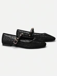 ADAMUMU Women's Fashion Square Toe Ballet Mary Jane Mesh Lace Embroidered Shoes, Buckle Rhinestone Decor, Comfortable Flat Casual Shoes Black, Suitable For Leisure, Gathering, Office - Black - View 4