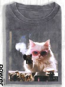 1pcsCute Cat Funny Graphic Graphic T-ShirtMen's Cotton T-Shirt, 230G Washed Short-Sleeve Suitable For Halloween, Christmas And Spring Festival Gifts - 灰色 - 查看 11