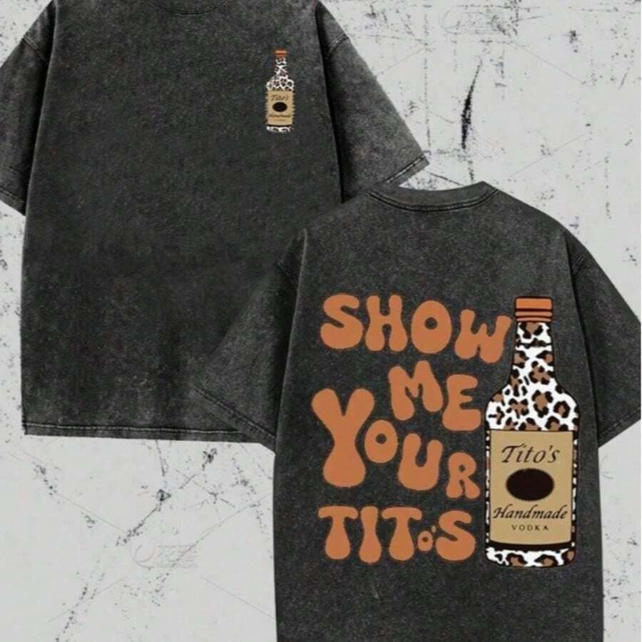 2026 Summer ShirtVintage Vintage Style, Tito's Vodka Enthusiast, Leopard Print Elements, SHOW ME YOU TITOS Humorous Text Memes, Washed Double-Sided Printed Vintage T-Shir  Retro Loose T-Shirt, Men's Casual Style T-Shirt, - 黑色 - 查看 1