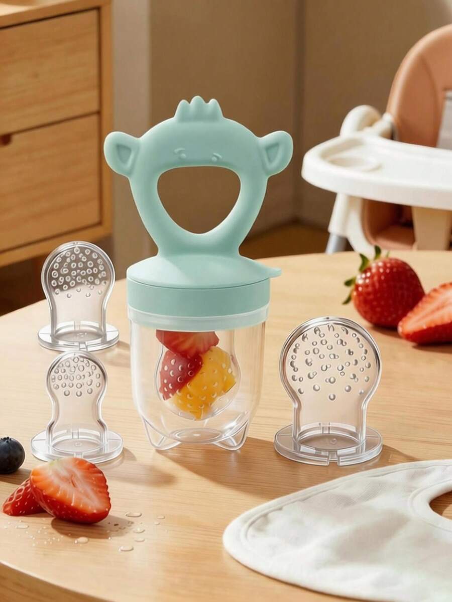 4 piezas Alimentador de bebé con frutas y verduras con mango, herramienta de alimentación complementaria, incluye 3 tetinas, juguete de dentición con forma de oso de dibujos animados para bebés - Multicolor - Ver 1