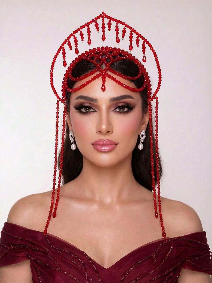 1pc Luxury Red Bridal Crown Headband, Tassel Forehead Jewelry Suitable Wedding Party - Red - View 1