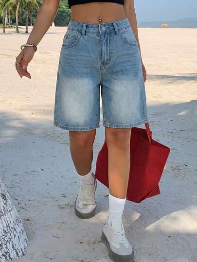 Shorts vaqueros para mujer, shorts Bermuda de cintura alta, shorts holgados sin estiramiento de estilo casual de calle con silueta A