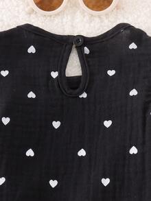 2pcs Baby Girls' Casual Sports Cute Heart Print Round Neck Sleeveless Top + Matching Print Ruffle Hem Straight Pants Set, Summer - Black - View 5