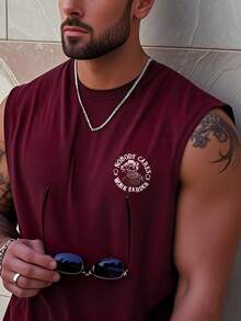 Camiseta de tirantes casual de verano para hombre con estampado de calavera y letra - Burdeos - Ver 4