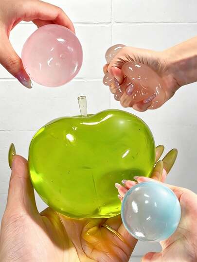 Schylling 5pcs Giant Simulation Apple & Ball Squishy Toy, Multi-Shape Design With Simulation Green Apple, Round Ball, Pink Clear Blue Multi-Color Optional, Cute Realistic Food Simulation Style, Premium Soft Stretchy Soft Rubber Transparent Jelly Texture, Super Large Size Malleable Deformable Squeeze Non-Sticky Smooth Touch