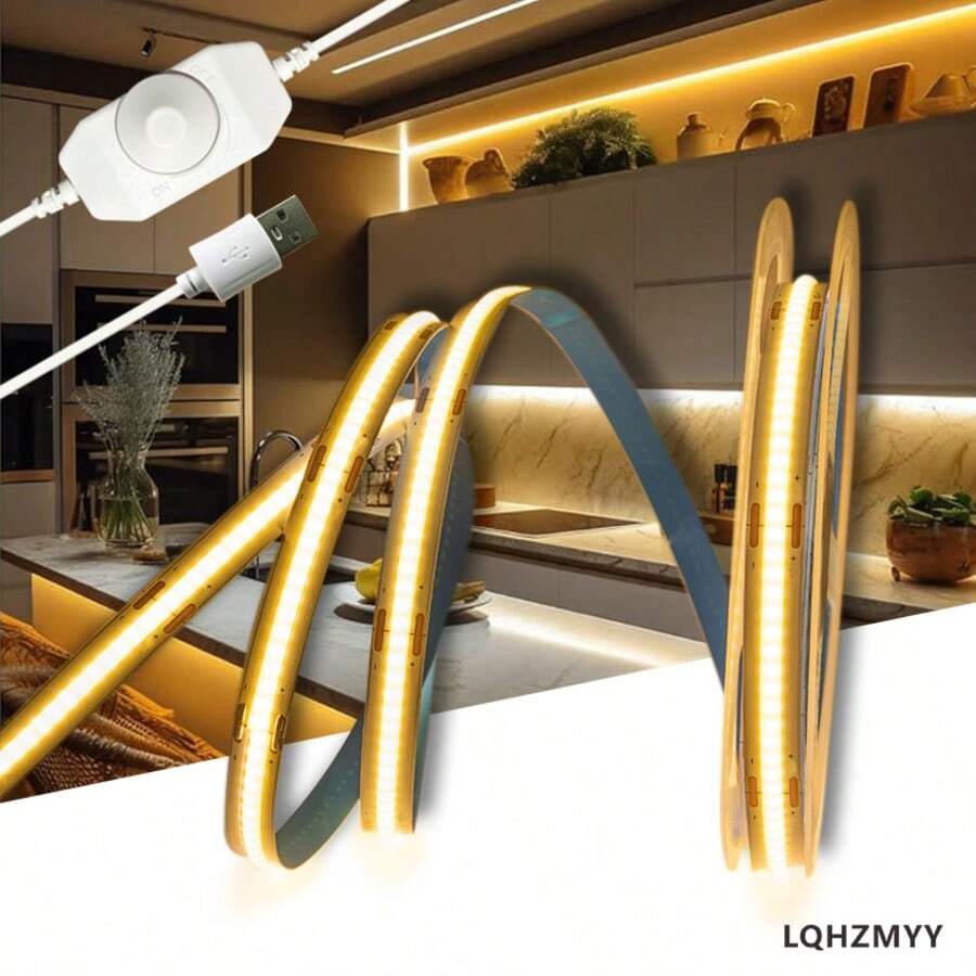 LQHZMYY 1pc LED Light Strip With Rotary Switch, Dimmable COB Light Strip, Low Voltage 5V With USB Interface, Adjustable Brightness Via Rotary Switch, Self-Adhesive Backing, Cuttable, Flexible And Bendable, Suitable For Mirror, TV Background, Stairs, Kitchen, Bathroom Dimming, DIY Photo Frame, Surprise Gift For Girlfriend