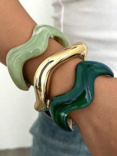 1pc/3pcs Vintage Minimalist Wavy Acrylic & CCB Material Green Open Bangle Bracelet, Suitable For Women's Daily Wear, Stackable, Perfect Gift Choice For Holidays
