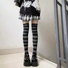 1 Pair Women's Striped Knee High Socks, Fashion Colorful Stripes, Thigh Socks, Long Socks, Girls Socks, Party Socks, Dance Socks, Punk Style, Rockstar, For Daily Wear, Cozy Socks - 黑白條紋 - 均碼 - 查看 5
