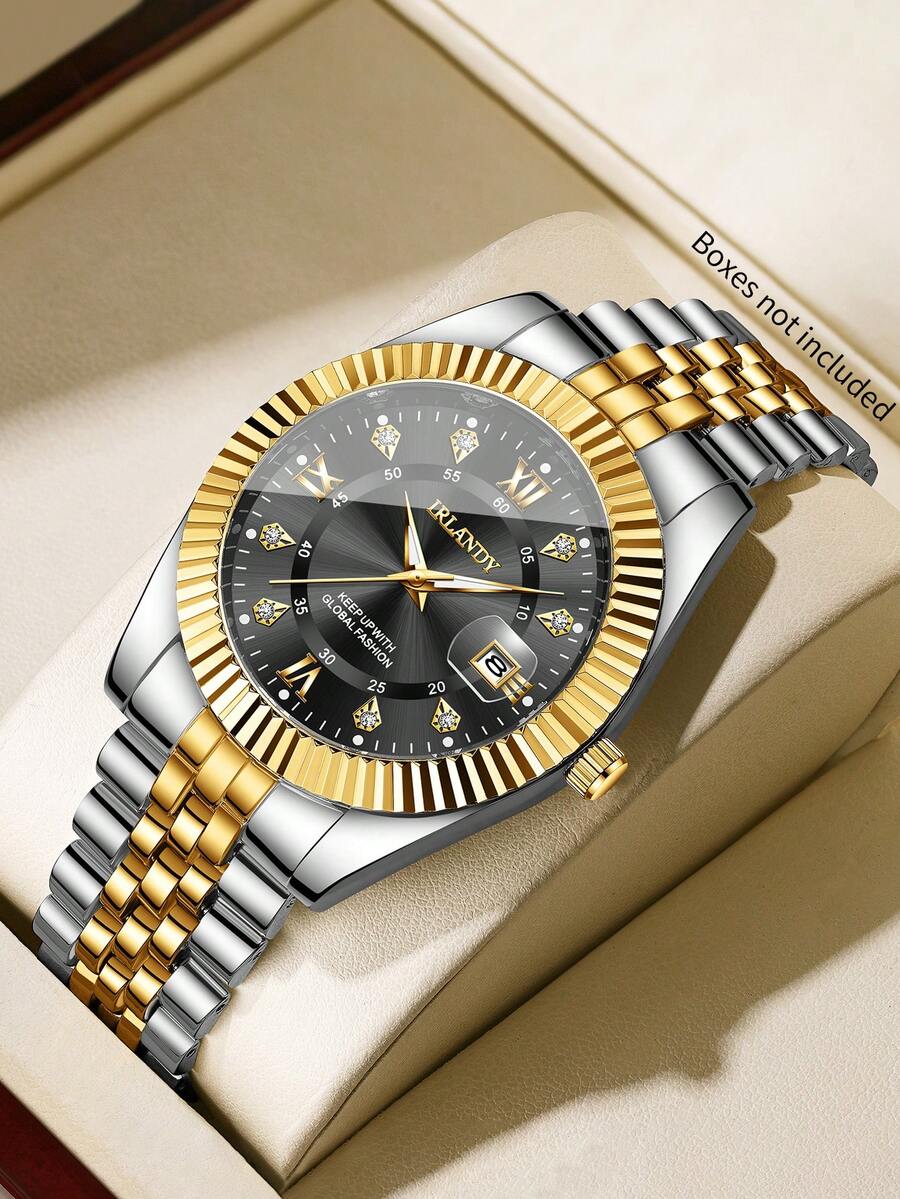 1pc Classic Fashion Men's Watch With Roman Numeral Dial, Rhinestone Decor, Calendar, Casual Quartz Wristwatch (1pc/Set), Watch Box Not Included - Multicolor - View 1