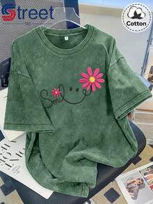 Summer Tops New Vintage Washed Cotton Distressed Short-Sleeve T-Shirt With American-Style Floral  Face Print, Plus-Size Women's Top, Loose Fit, Drop S - 綠色 - 查看 12