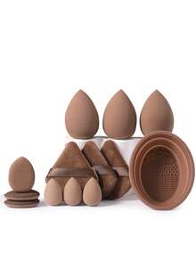 13PCS Makeup Tools Set Including:3PCS Makeup Sponges+3PCS Triangle Powder Puffs+3PCS Mini Makeup Sponges+3PCS Mini Air Cushion Powder Puffs+1pc Makeup Brush Cleaning Tools - Brown - View 11