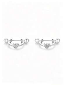 1对女士耳骨耳环，铜镶嵌锆石心形螺丝耳钉，日常珠宝礼品 - 銀色 - 查看 4