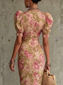 Women's French Style Floral Print Puff Sleeve Pleated Bodycon Maxi Dress Elegant Long Gown For Party Beach Date Night - Bản in 1 - Xem 2