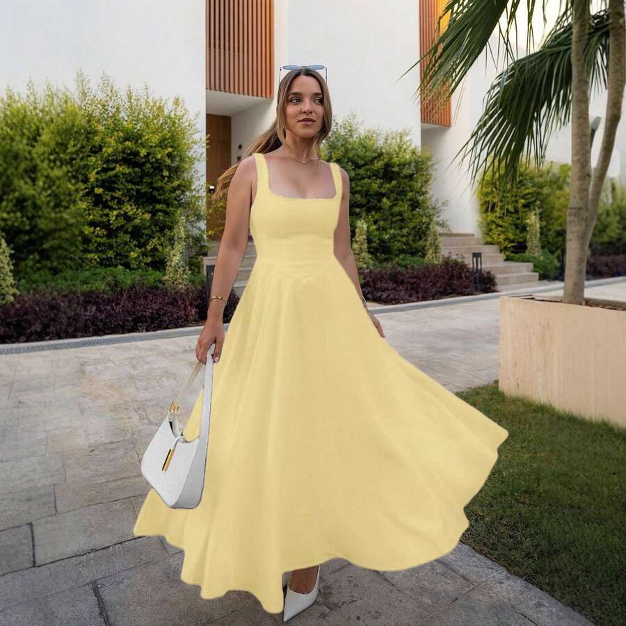 2026 Summer New Women Dress European American Fashion Elegant Square Neck Sleeveless Waist Cinching Strap Dress - 黃色 - 查看 1