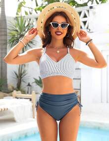 Women's High Waisted Bikini Sets, Crisscross Tie Back Drawstring Tummy Control Two Piece Swimsuits Bathing Suit - 藍綠色 - 查看 3